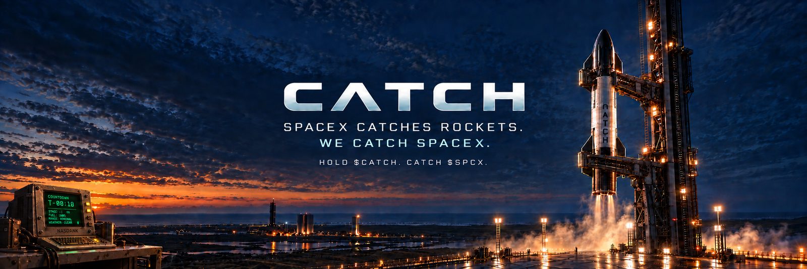 Cinematic launch scene at dusk: a NASDANK console on the pad reading COUNTDOWN T-00:10, STAGE 1 GO, a CATCH rocket held on the catch tower with its engines lit, and the CATCH wordmark over the words SpaceX catches rockets, we catch SpaceX, hold $CATCH, catch $SPCX